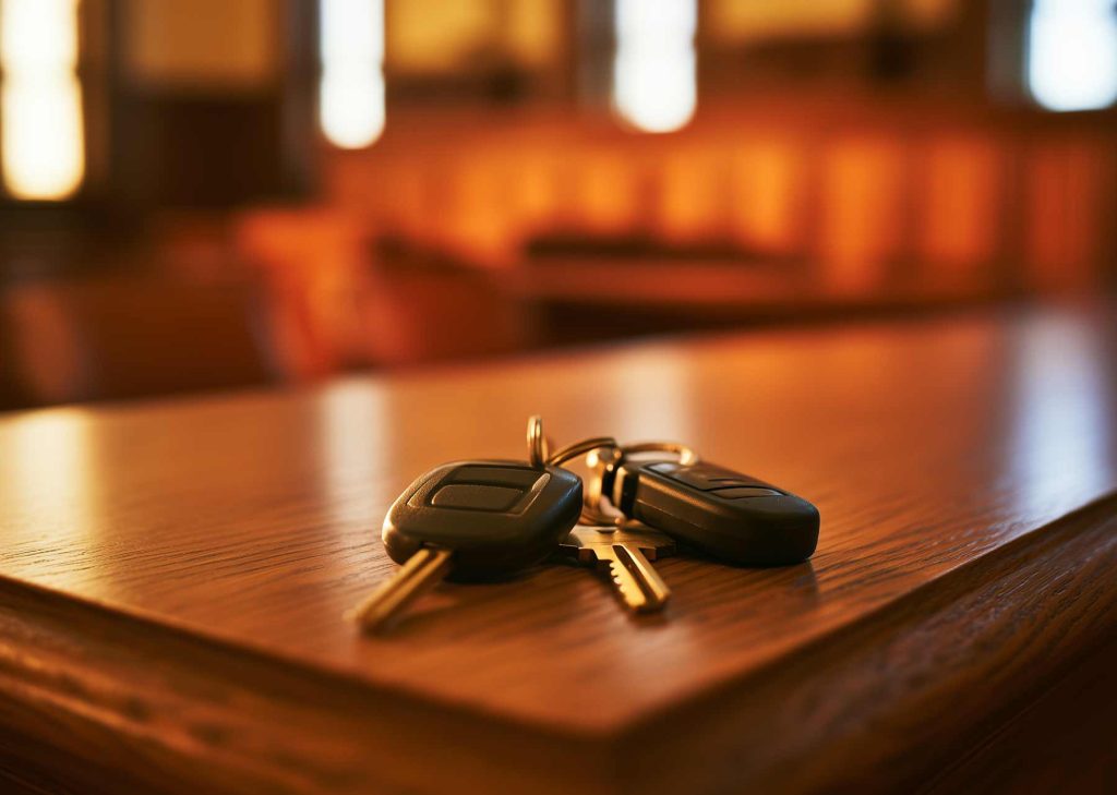 Car keys on a courtroom counsel table, representing a first-time DUI case in California