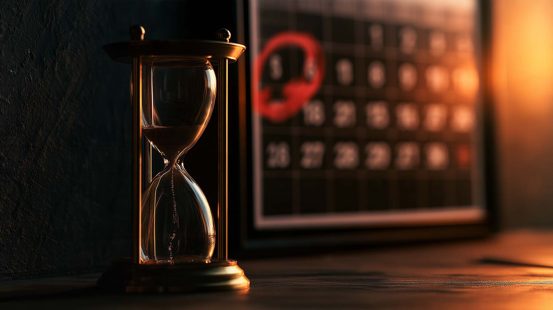 Hourglass and calendar bench warrant Calendar with a missed court date circled in red behind an hourglass running out, representing a bench warrant in California