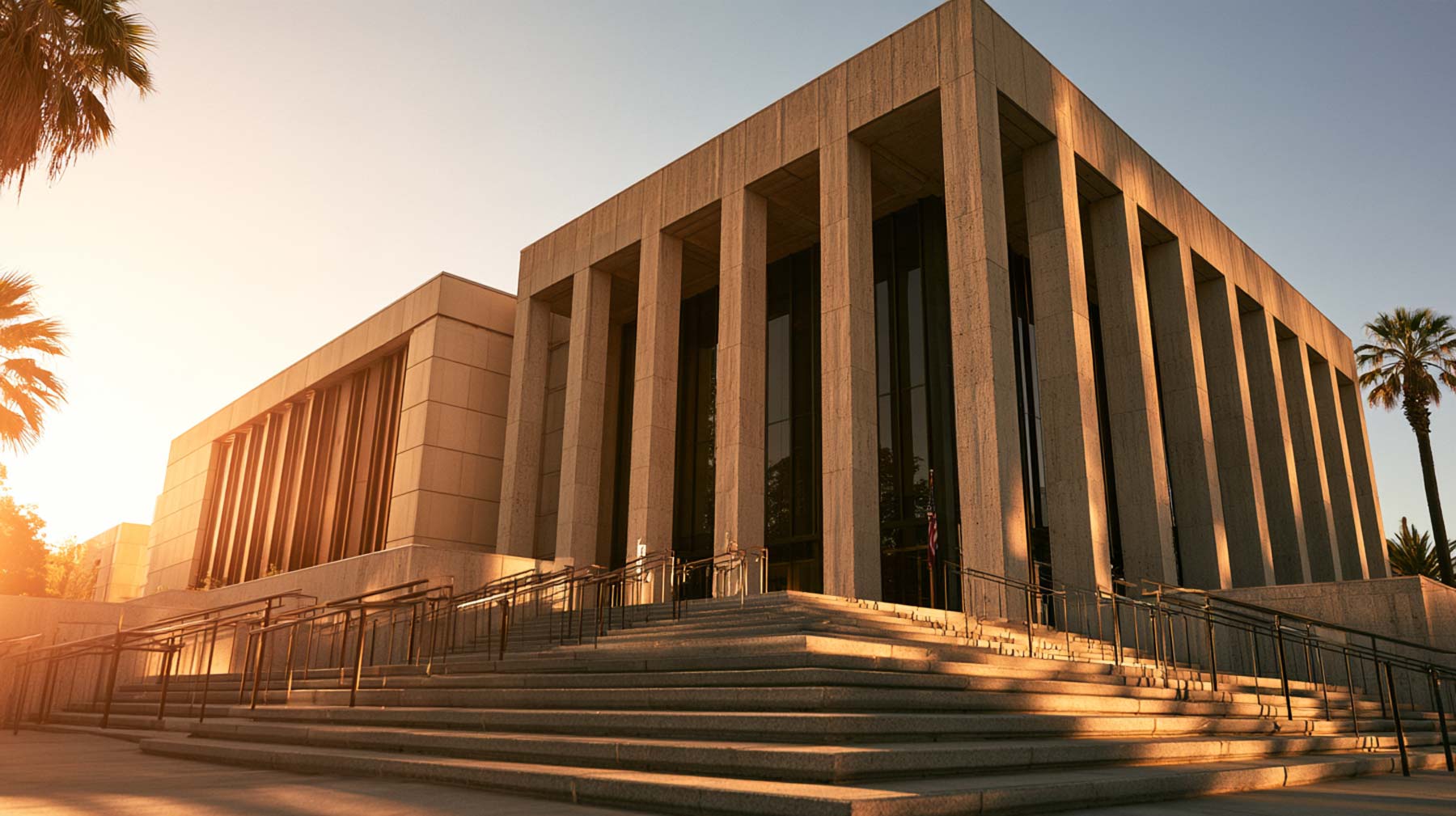 Orange County Building DV Empty Orange County courthouse steps in early morning light, where domestic violence cases are heard
